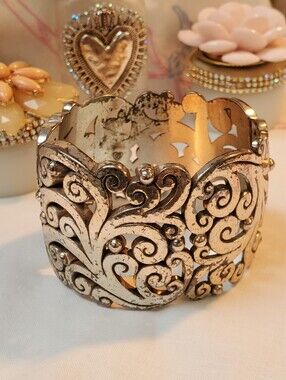 Brighton Silvertone Scroll Wide Large Clamper Bracelet 6 To 6.5 Inch Wrist